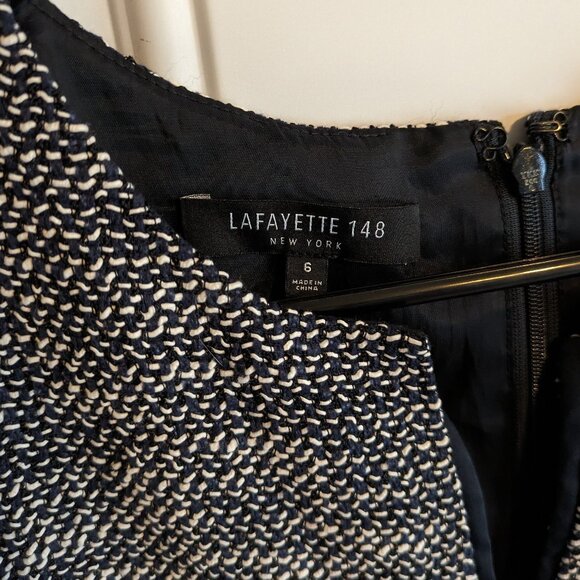 Lafayette 148 Navy Blue Sheath Dress Black White Textured Tweed Knit - Size 6 - Picture 5 of 14